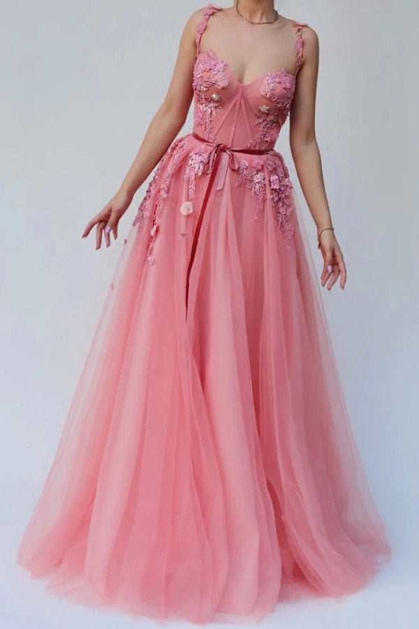Sweetheart Rouge Tulle Long Prom Dress Floral Party Dress