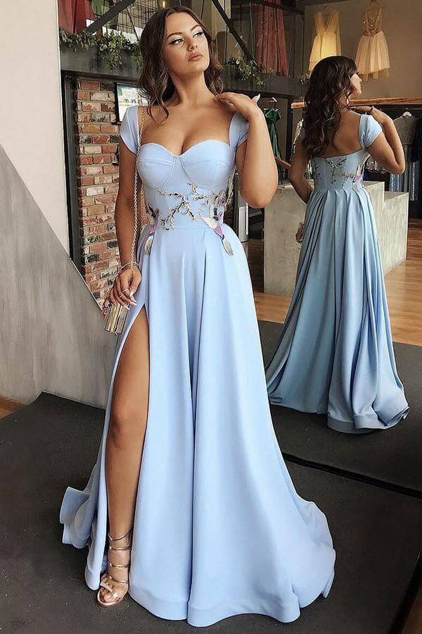 
                      
                        Sweetheart Sky Blue Satin Long Prom Dress Split Evening Dress 
                      
                    