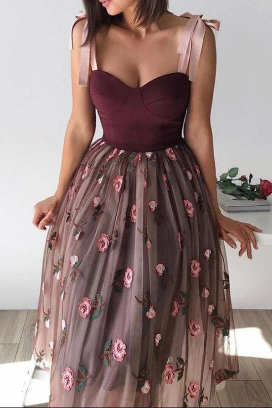 Sweetheart Tea Length Tulle Prom Dresses Floral Skirt Party Dresses