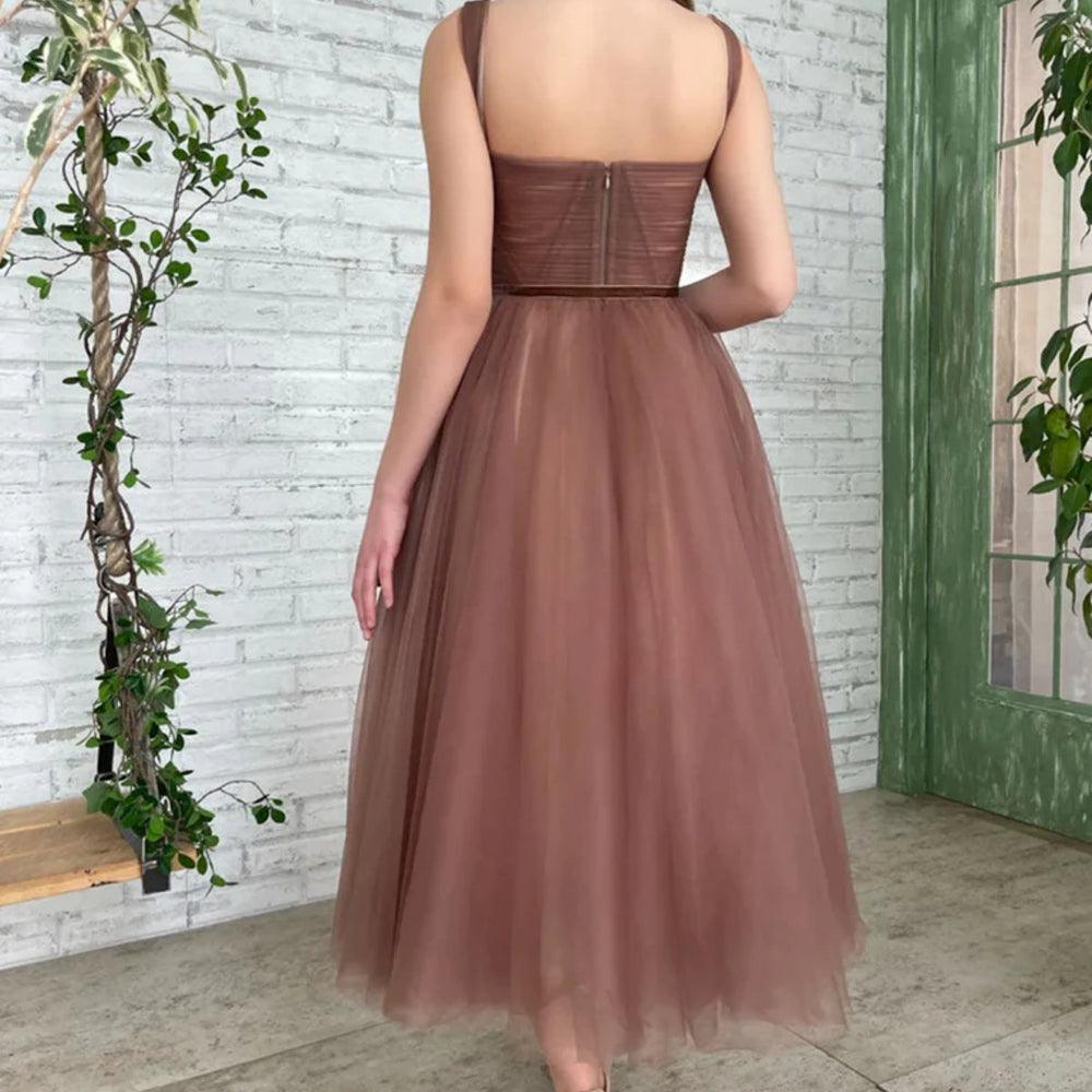 
                      
                        Tea Length Brown Tulle Prom Homecoming Dresses, Brown Formal Graduation Evening Dresses 
                      
                    