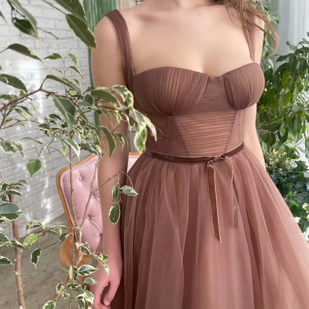 
                      
                        Tea Length Brown Tulle Prom Homecoming Dresses, Brown Formal Graduation Evening Dresses 
                      
                    