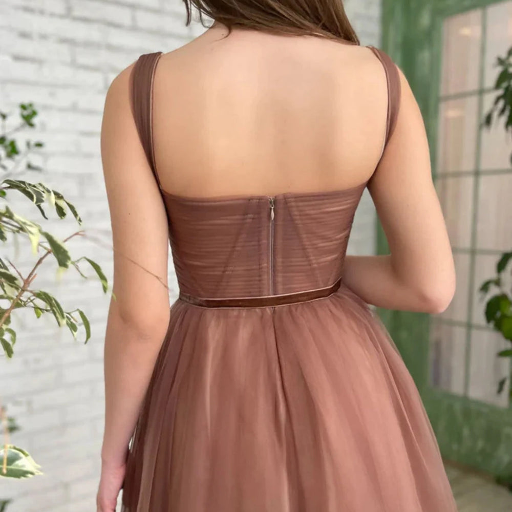 
                      
                        Tea Length Brown Tulle Prom Homecoming Dresses, Brown Formal Graduation Evening Dresses 
                      
                    