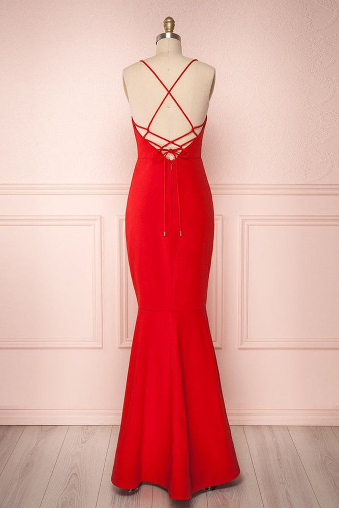 
                      
                        Thin Straps Backless Mermaid Red Prom Dresses, Red Mermaid Formal Dresses, Backless Red Evening Dresses
                      
                    