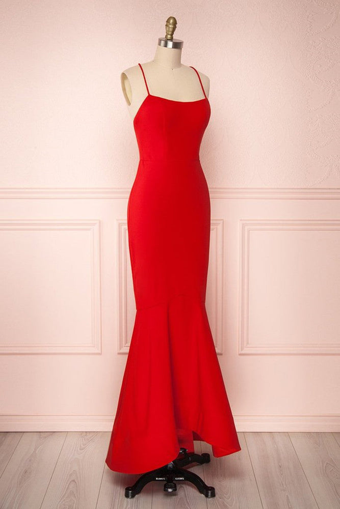 
                      
                        Thin Straps Backless Mermaid Red Prom Dresses, Red Mermaid Formal Dresses, Backless Red Evening Dresses
                      
                    