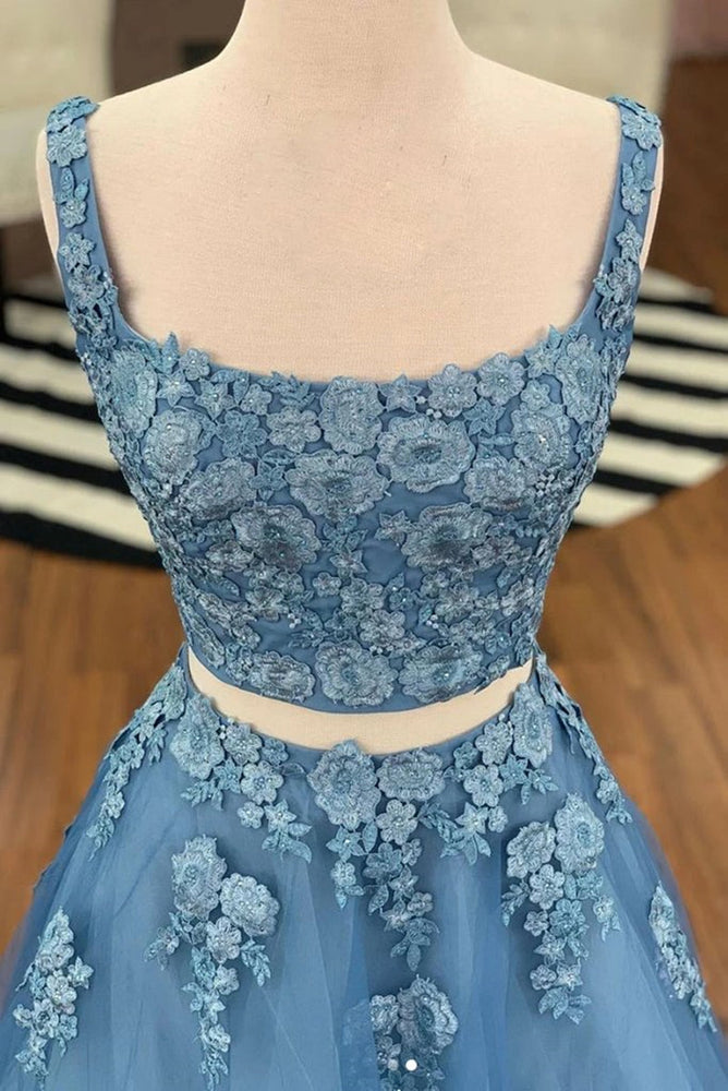 
                      
                        Two Piece Blue Lace Long Prom Dresses, 2 Piece Blue Formal Dresses, Blue Lace Evening Dresses
                      
                    