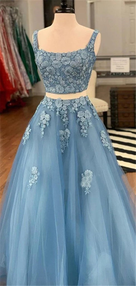 
                      
                        Two Piece Blue Lace Long Prom Dresses, 2 Piece Blue Formal Dresses, Blue Lace Evening Dresses
                      
                    