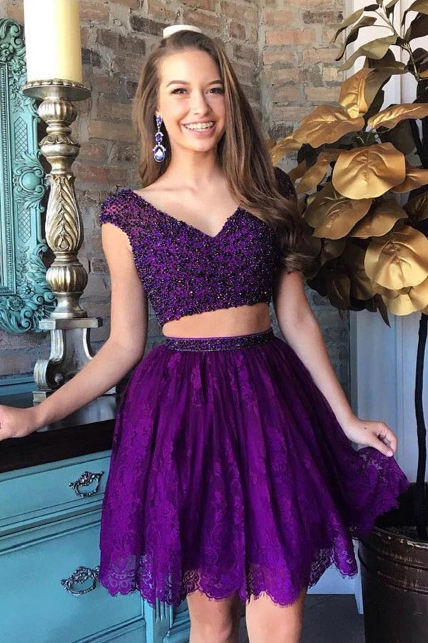 Two Piece Cap Sleeve Short Homecoming Dress With Beading