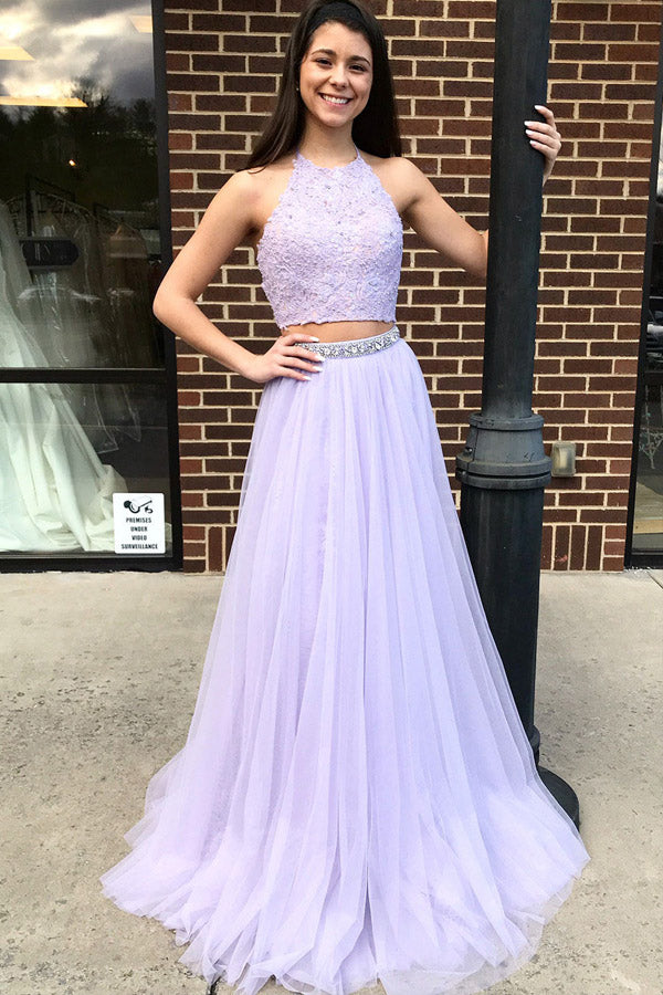 Two Piece Halter Lace Tulle Long Prom Dress With Beading