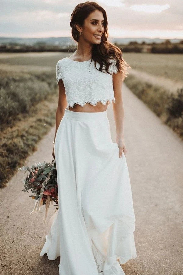 Two-piece Lace Top Ivory Chiffon Wedding Dress