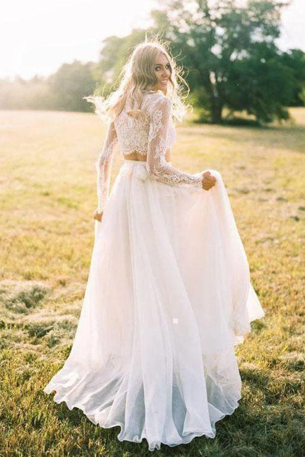 Two Piece Long Sleeve Ivory Chiffon Wedding Dress