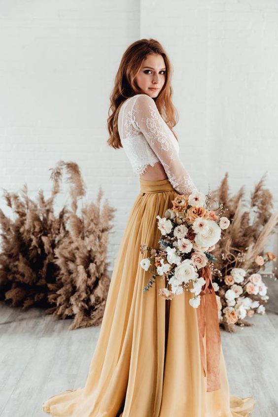 
                      
                        Two Piece Long Sleeve Wedding Dress Rustic Marigold Skirt Bridal Gown 
                      
                    