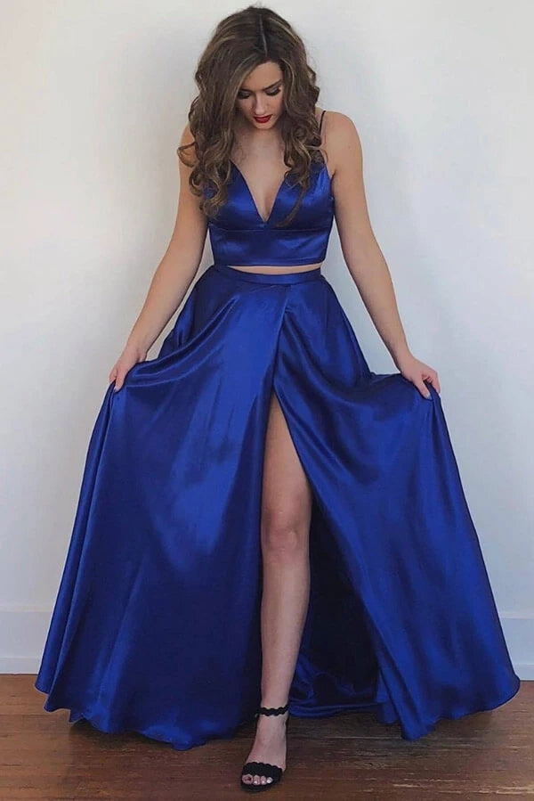 Two Piece Royal Blue  Prom Dress With Front Split