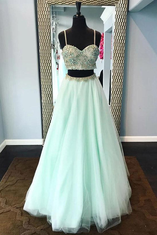 Two Piece Spaghetti Straps Mint Green Tulle Prom Dress With Beading