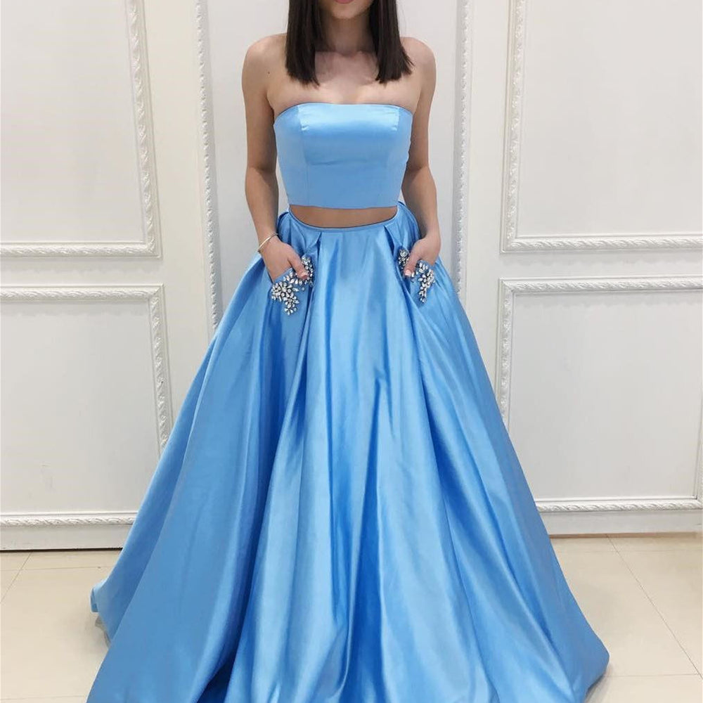 Two Piece Strapless Blue Satin Long Prom Dresses with Beading Pockets, Blue Formal Dresses, Two Pieces Blue Evening Dresses