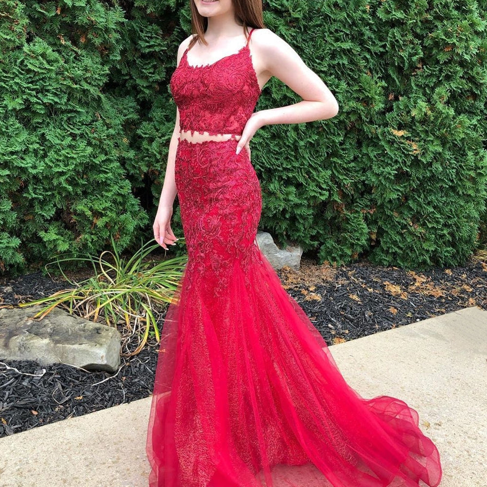 Two Pieces Mermaid Lace Long Burgundy Prom Dresses, Two Pieces Burgundy Lace Formal Dresses, Mermaid Burgundy Lace Evening Dresses