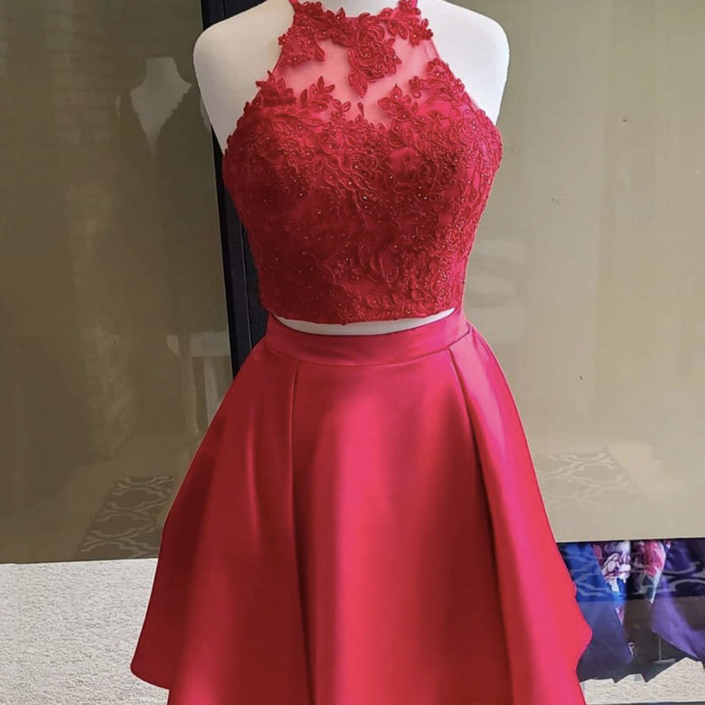 Two Pieces Red Lace Short Prom Dresses, 2 Pieces Red Homecoming Dresses, Red Lace Formal Graduation Evening Dresses 