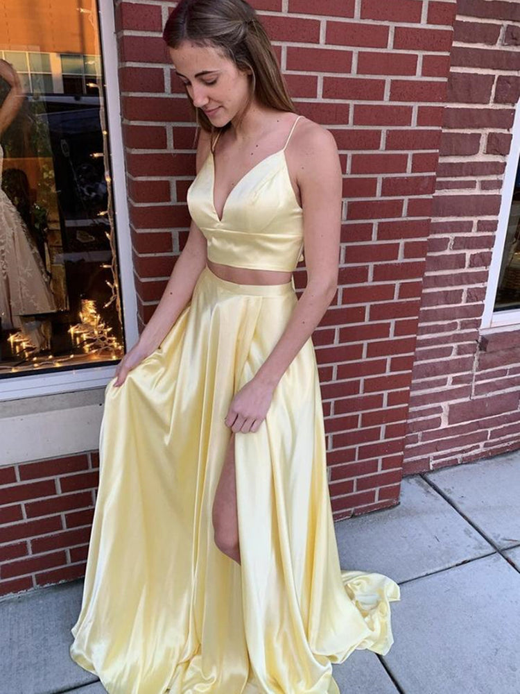 
                      
                        Two Pieces V Neck Long Yellow Prom Dresses with Slit, 2 Pieces Yellow Formal Graduation Evening Dresses
                      
                    