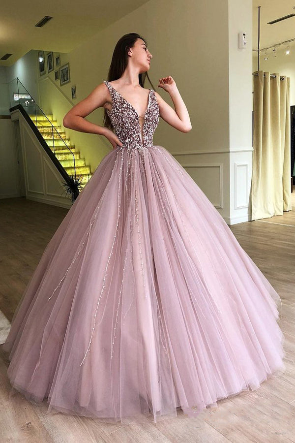 
                      
                        Unique Ball Gown Tulle Prom Dress With Beading Long Evening Dress
                      
                    