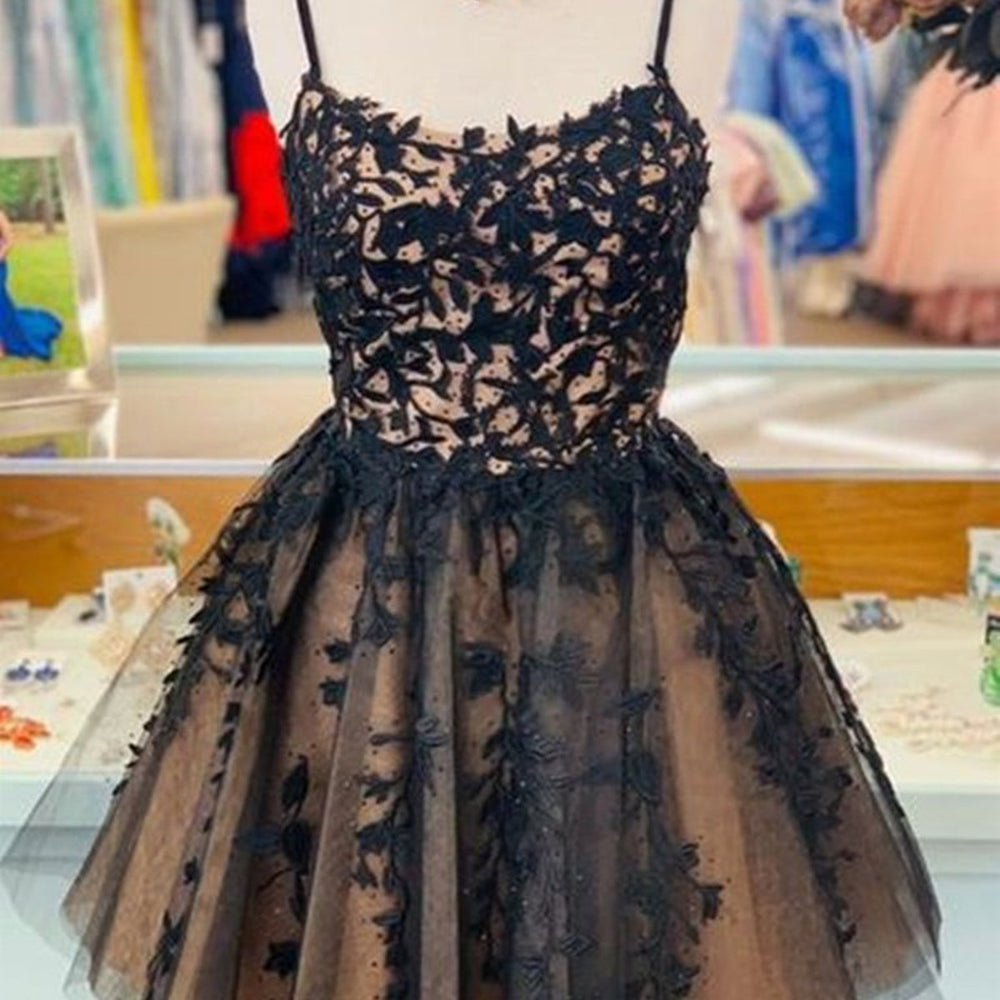 Unique Black Lace Champagne Short Homecoming Prom Dresses, Black Lace Formal Graduation Evening Dresses