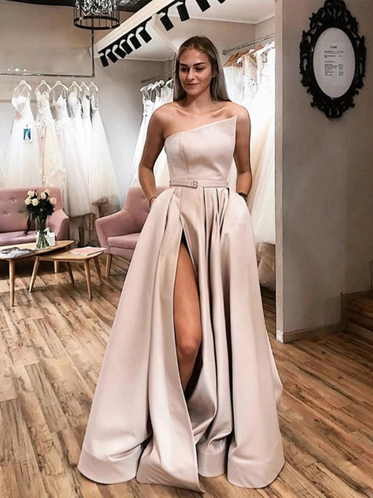 Unique Champagne Satin Long Prom Dresses with High Slit, Champagne Formal Graduation Evening Dresses