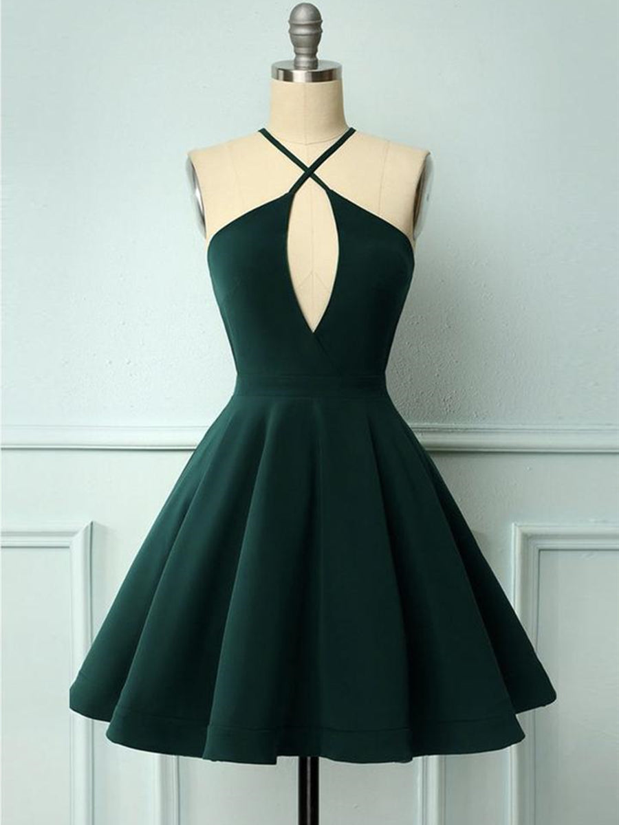 Unique Halter Neck Dark Green Short Prom Dresses, Short Dark Green Formal Graduation Homecoming Dresses, Cocktail Dresses