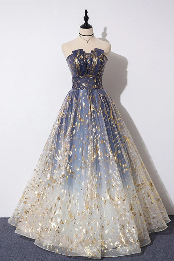 
                      
                        Unique Strapless Ombre Blue Tulle Prom Dress Princess Evening Dress
                      
                    