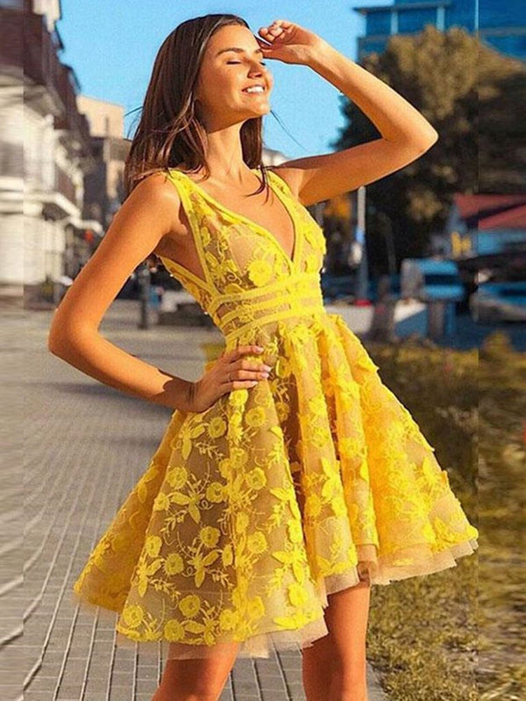 
                      
                        Unique V Neck Lace Appliques Yellow Short Prom Dresses Homecoming Dresses, Yellow Lace Formal Dresses, Graduation Dresses, Evening Dresses
                      
                    