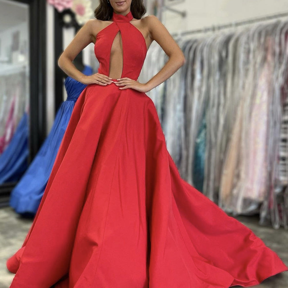 Unique V Neck Red Satin Long Prom Dresses, Long Red Formal Graduation Evening Dresses 