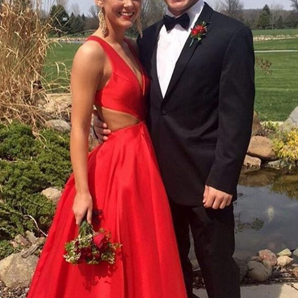 Unique V Neck Red Satin Long Prom Dresses, V Neck Red Formal Dresses, Red Evening Dresses