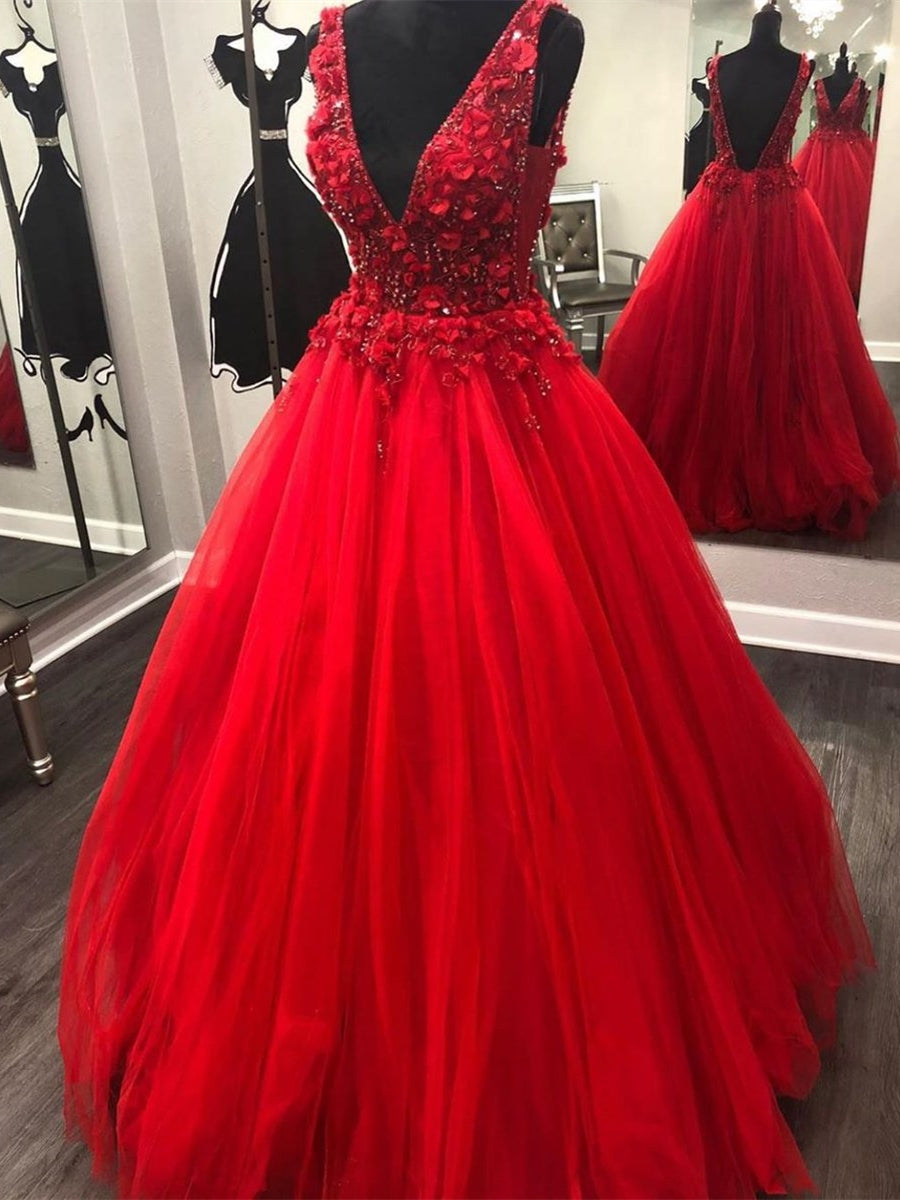 V Neck and V Back Beading Red Lace Floral Long Prom Dresses, Open Back Red Formal Dresses, Gorgeous Red Evening Dresses