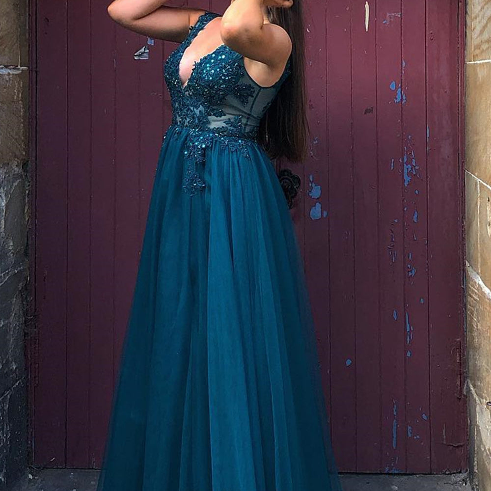 
                      
                        V Neck and V Back Blue Lace Beaded Long Prom Dresses, Long Blue Lace Formal Evening Dresses
                      
                    