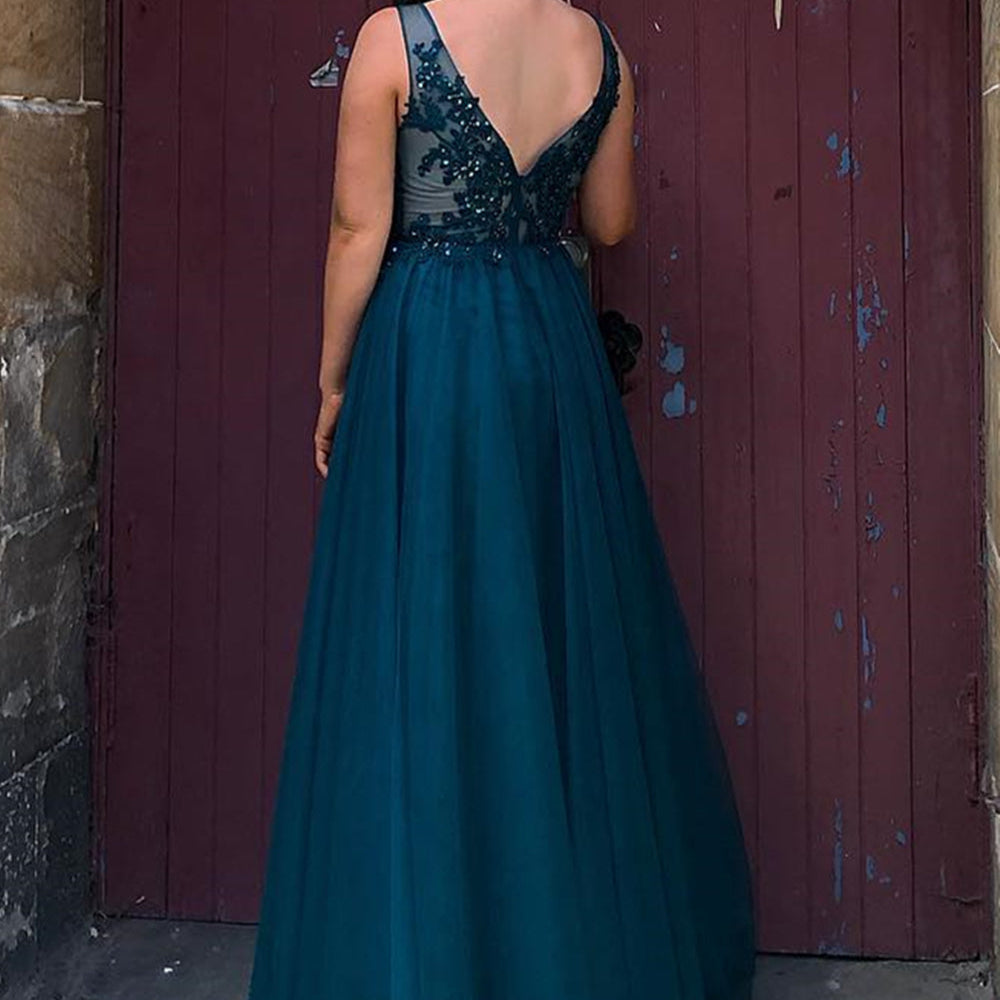 
                      
                        V Neck and V Back Blue Lace Beaded Long Prom Dresses, Long Blue Lace Formal Evening Dresses
                      
                    