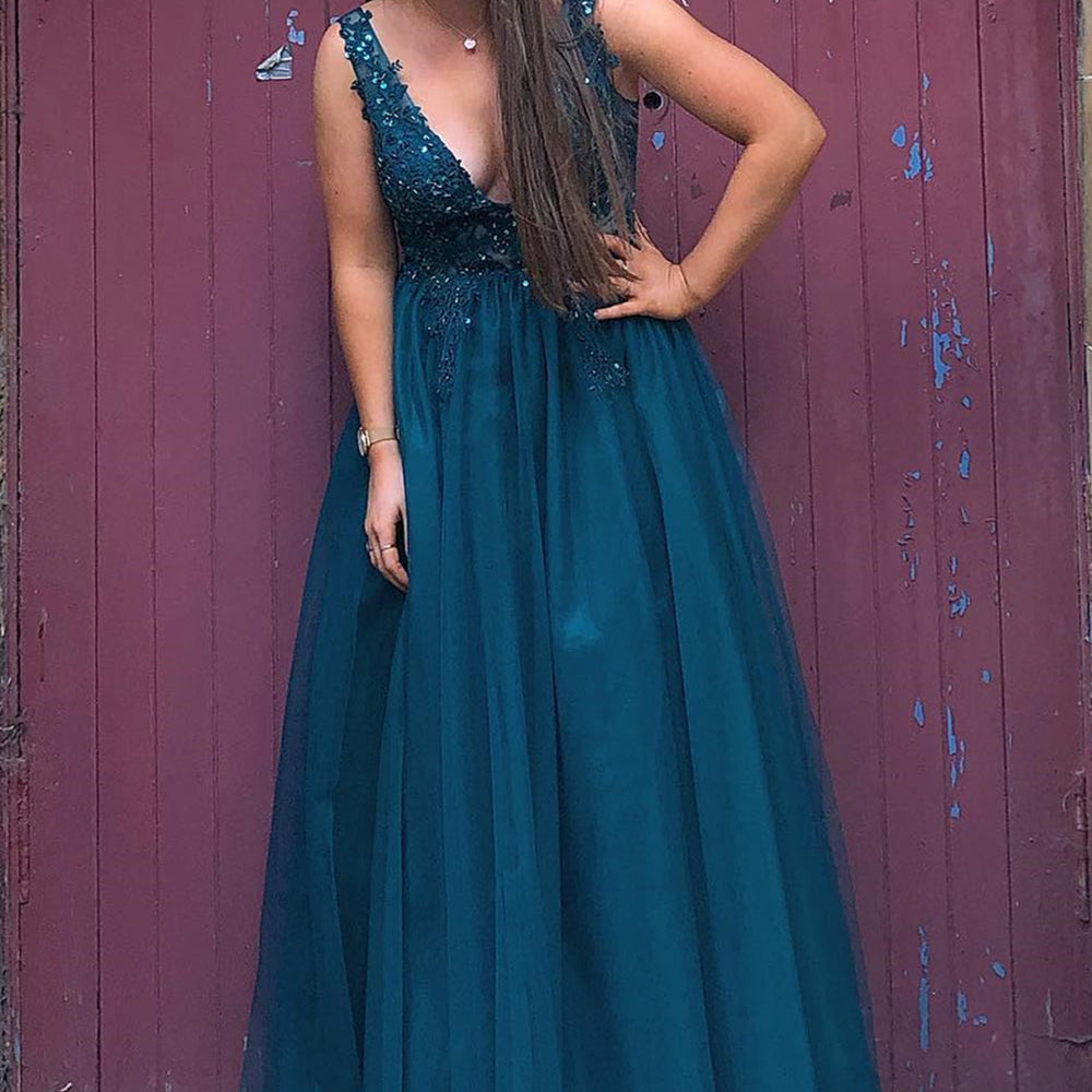 
                      
                        V Neck and V Back Blue Lace Beaded Long Prom Dresses, Long Blue Lace Formal Evening Dresses
                      
                    