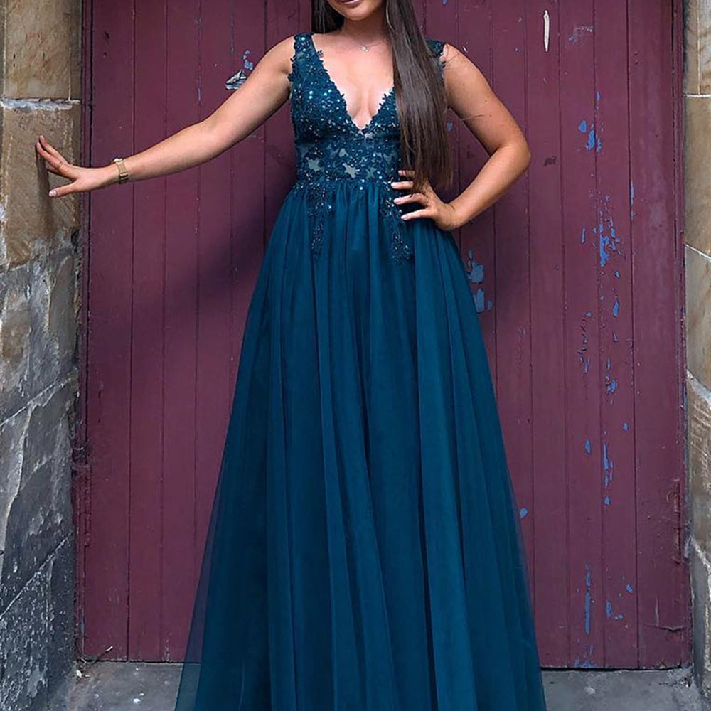 V Neck and V Back Blue Lace Beaded Long Prom Dresses, Long Blue Lace Formal Evening Dresses