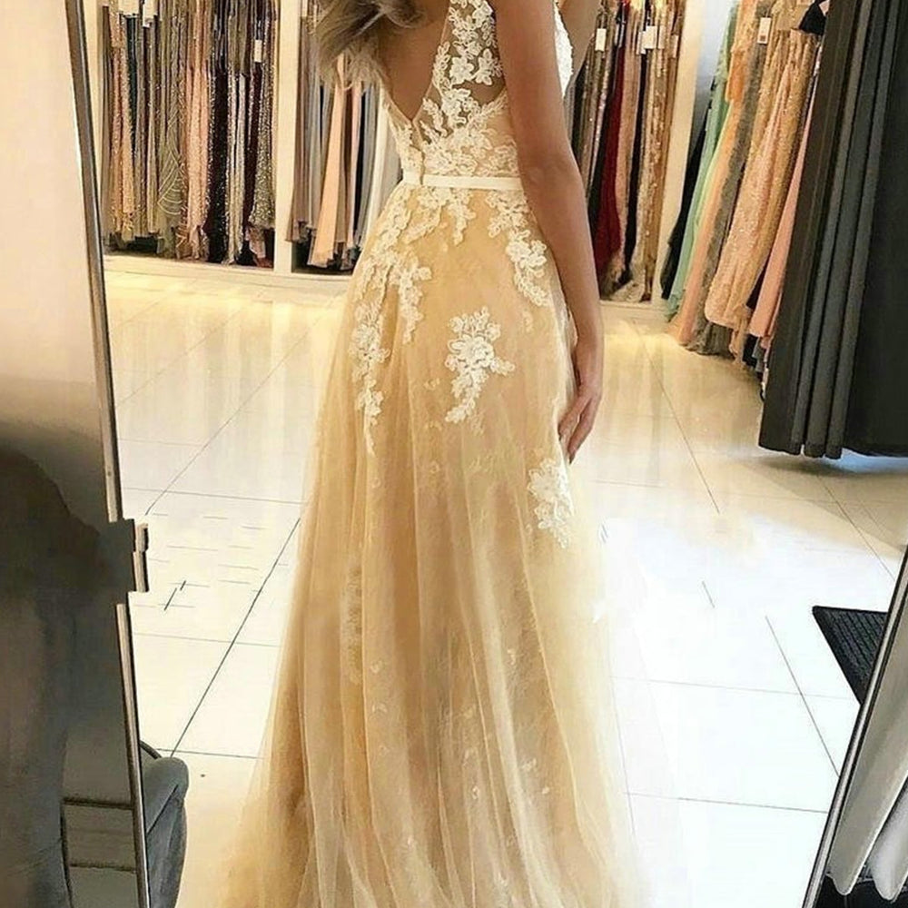 
                      
                        V Neck and V Back Champagne Lace Long Prom Dresses, Champagne Lace Formal Graduation Evening Dresses 
                      
                    