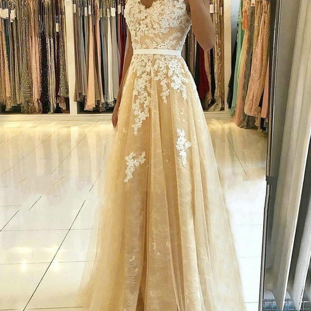 
                      
                        V Neck and V Back Champagne Lace Long Prom Dresses, Champagne Lace Formal Graduation Evening Dresses 
                      
                    