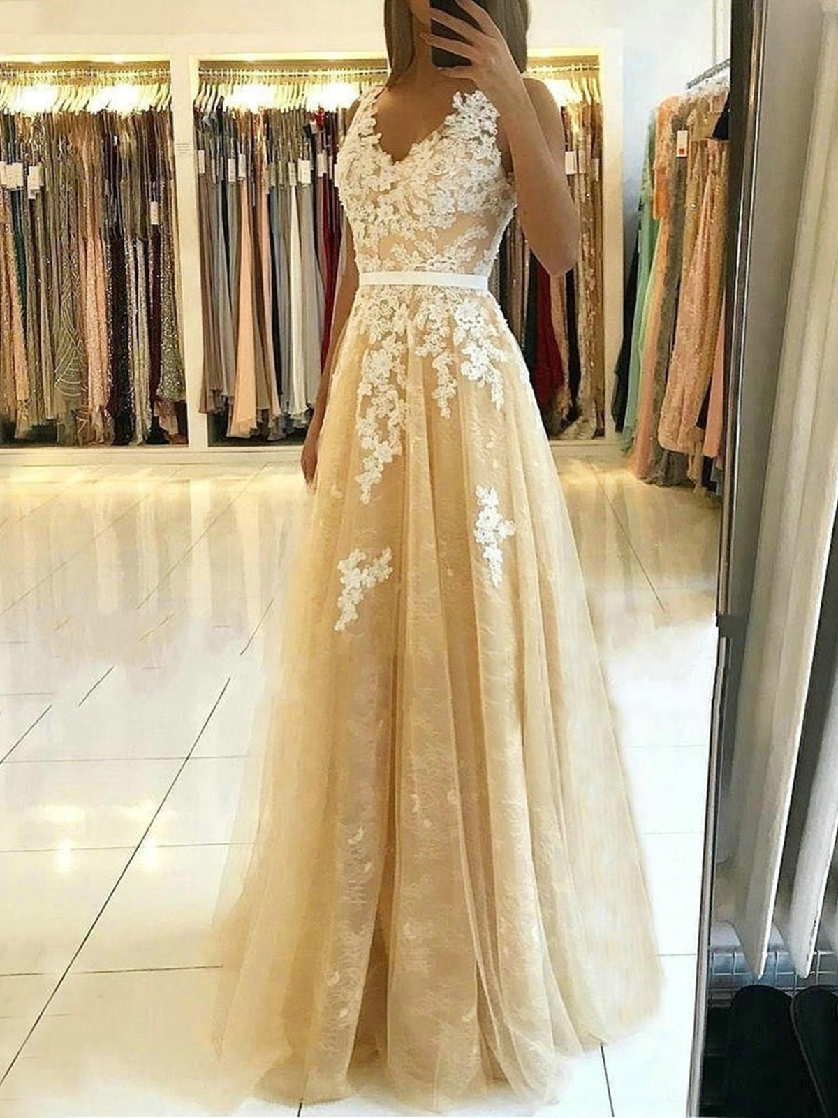 V Neck and V Back Champagne Lace Long Prom Dresses, Champagne Lace Formal Graduation Evening Dresses 