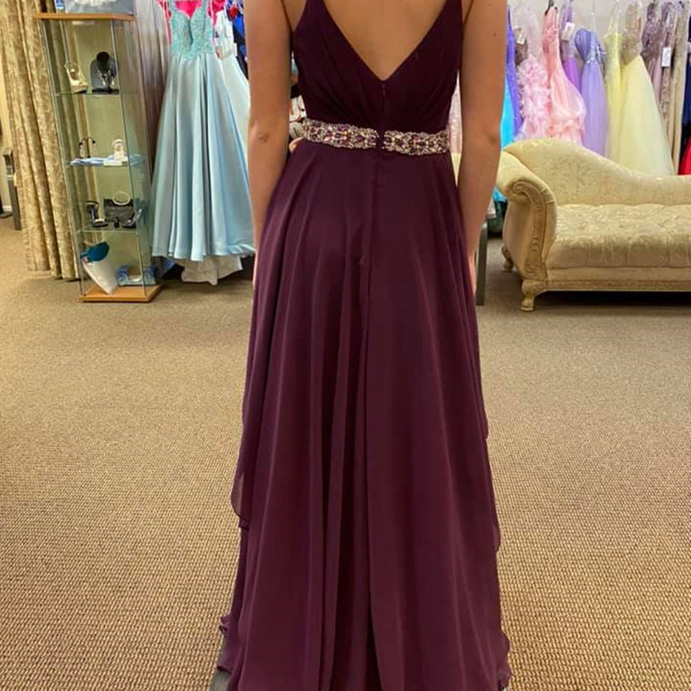 
                      
                        V Neck and V Back Purple Chiffon Long Prom Dresses with Belt, V Neck Purple Formal Graduation Evening Dresses 
                      
                    