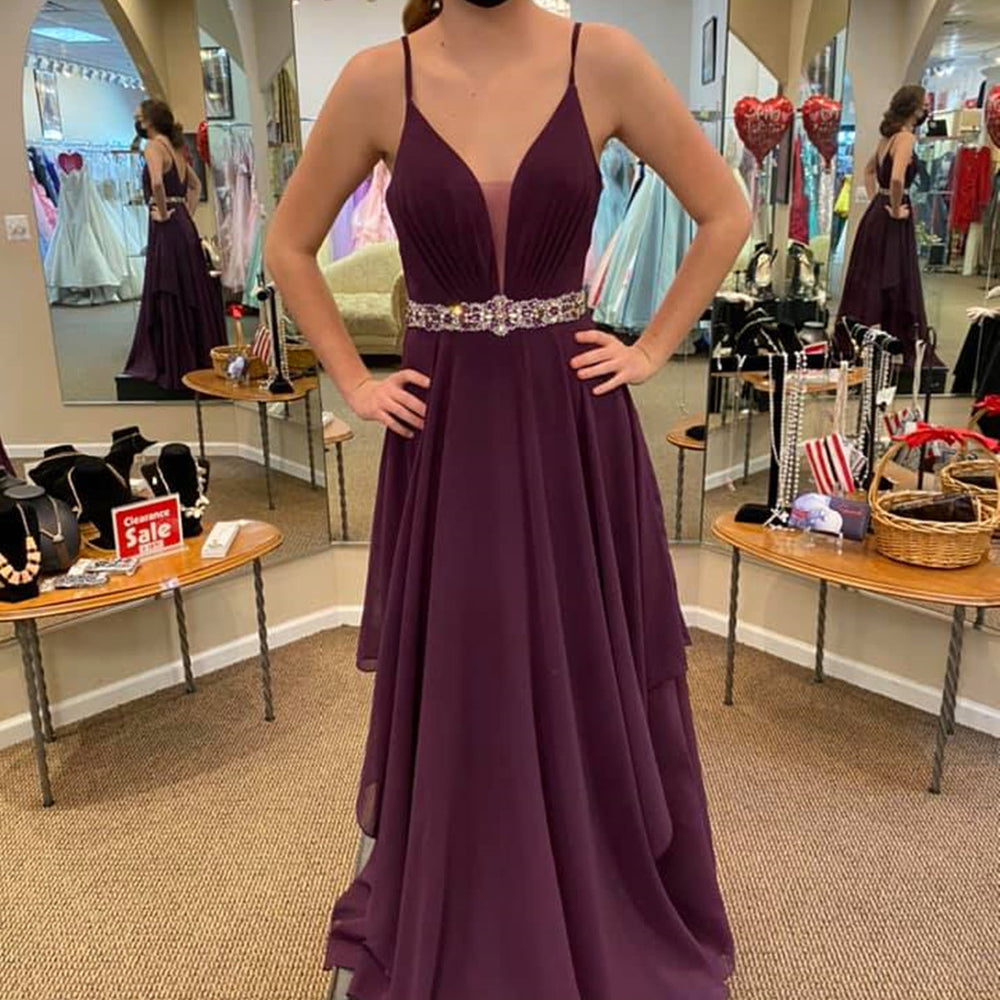 
                      
                        V Neck and V Back Purple Chiffon Long Prom Dresses with Belt, V Neck Purple Formal Graduation Evening Dresses 
                      
                    