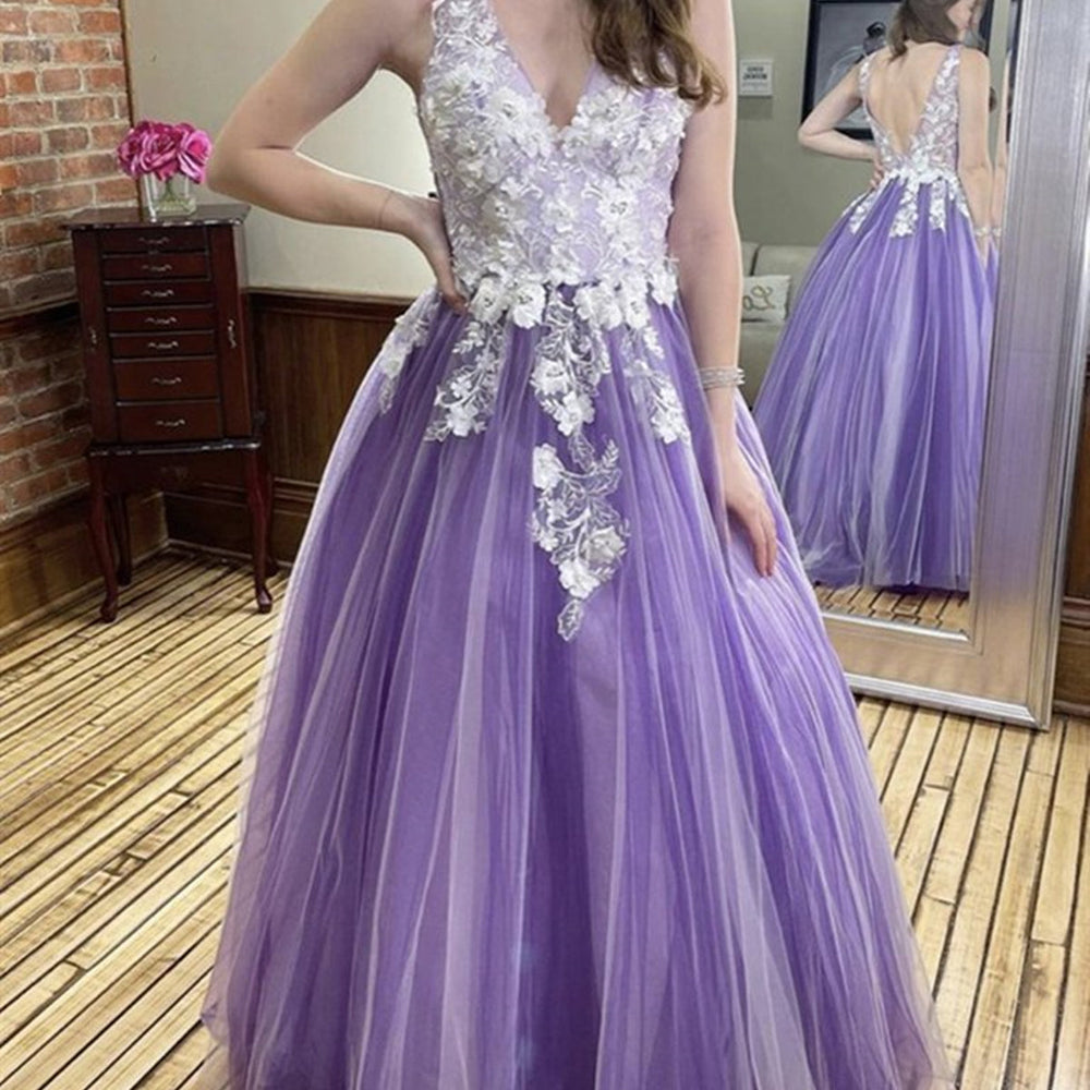 V Neck and V Back Purple Lace Floral Prom Dresses, 3D Flower Purple Long Formal Evening Dresses