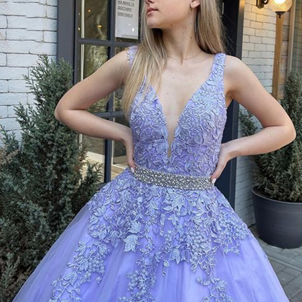 
                      
                        V Neck and V Back Purple Lace Long Prom Dresses with Belt, Open Back Purple Lace Formal Evening Dresses
                      
                    