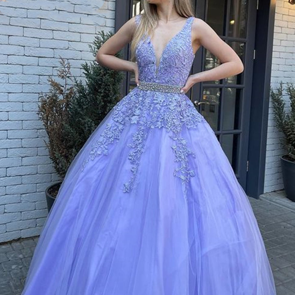 V Neck and V Back Purple Lace Long Prom Dresses with Belt, Open Back Purple Lace Formal Evening Dresses