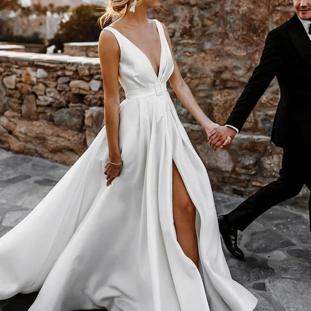 
                      
                        V Neck and V Back White Satin Long Prom Dresses with High Slit, Open Back White Wedding Dresses, White Formal Evening Dresses
                      
                    