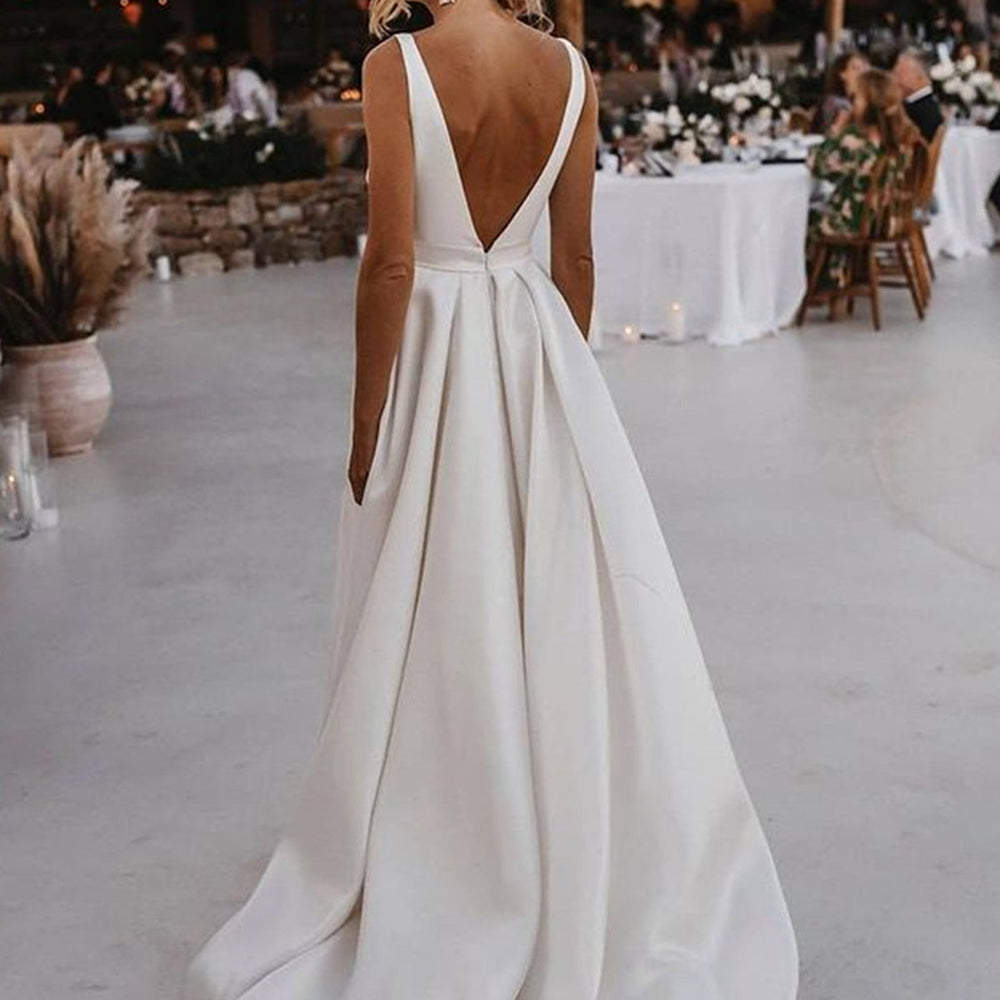 
                      
                        V Neck and V Back White Satin Long Prom Dresses with High Slit, Open Back White Wedding Dresses, White Formal Evening Dresses
                      
                    