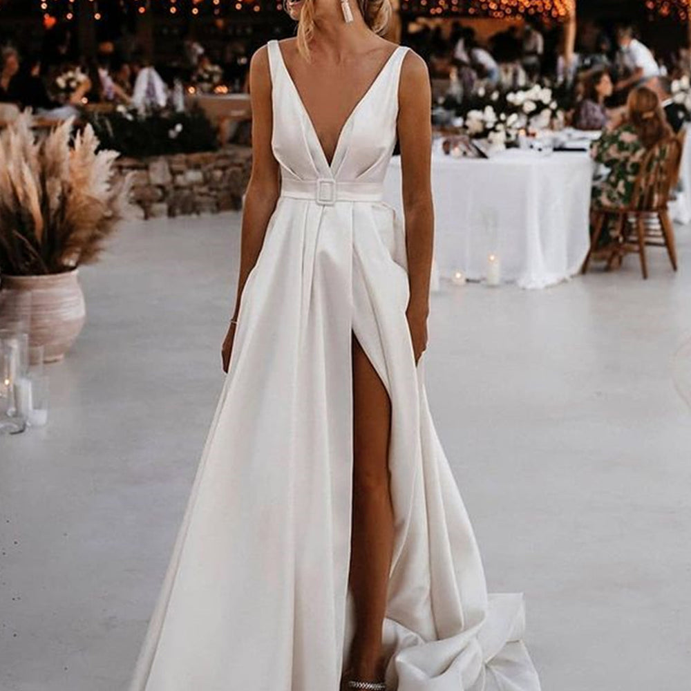 V Neck and V Back White Satin Long Prom Dresses with High Slit, Open Back White Wedding Dresses, White Formal Evening Dresses