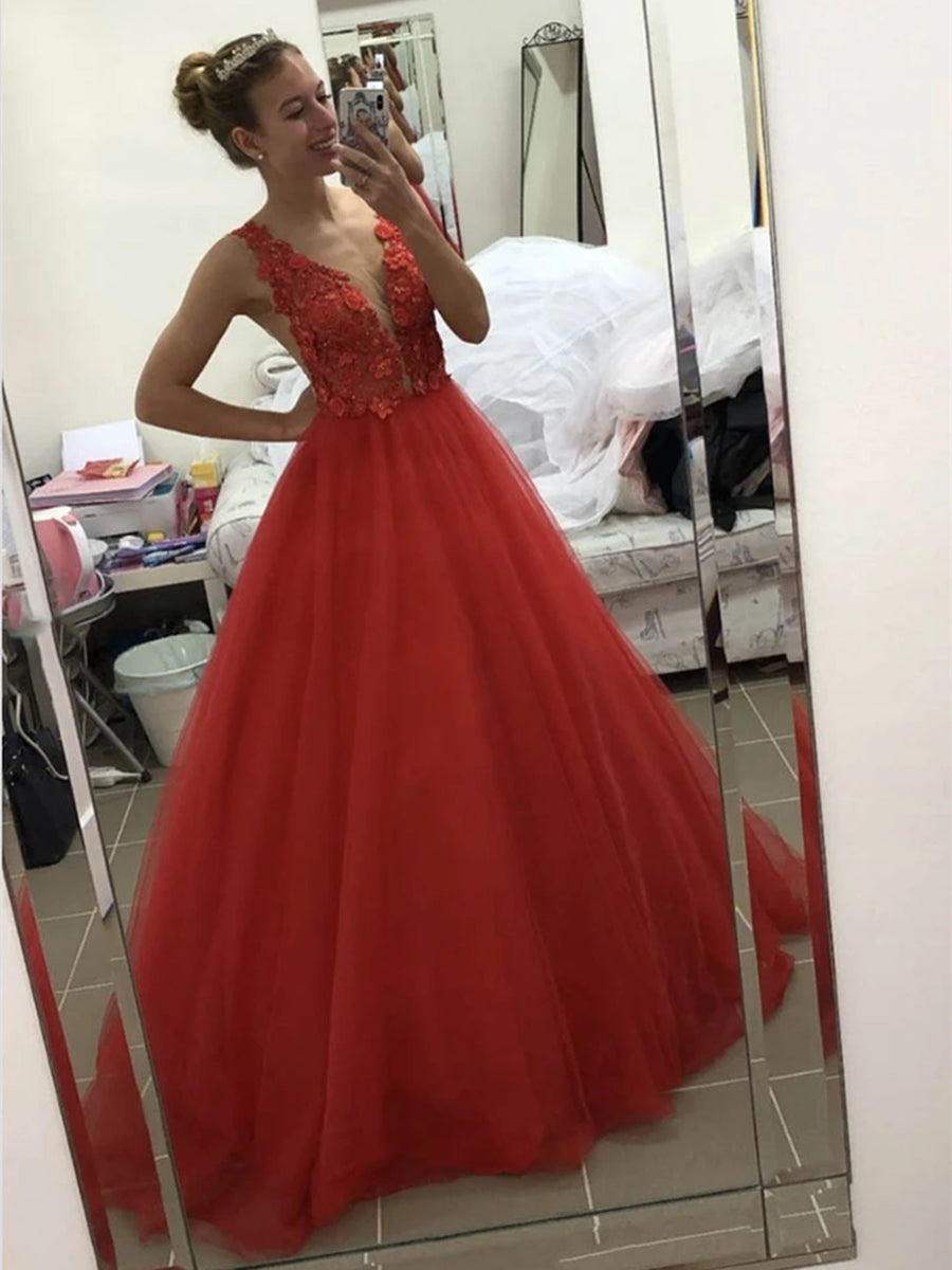 V Neck Backless Appliques Top Red Lace Long Prom Dresses, Backless Red Lace Formal Dresses, Red Lace Evening Dresses