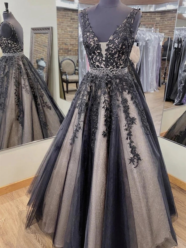 V Neck Backless Black Lace Long Prom Dresses, Backless Black Formal Dresses, Black Lace Evening Dresses