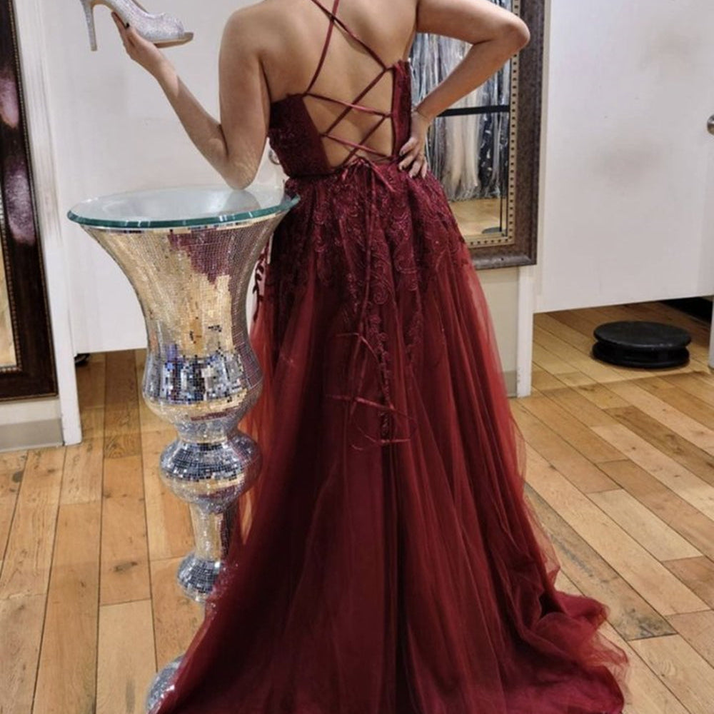 
                      
                        V Neck Backless Burgundy Lace Long Prom Dresses, Long Wine Red Lace Formal Evening Dresses
                      
                    