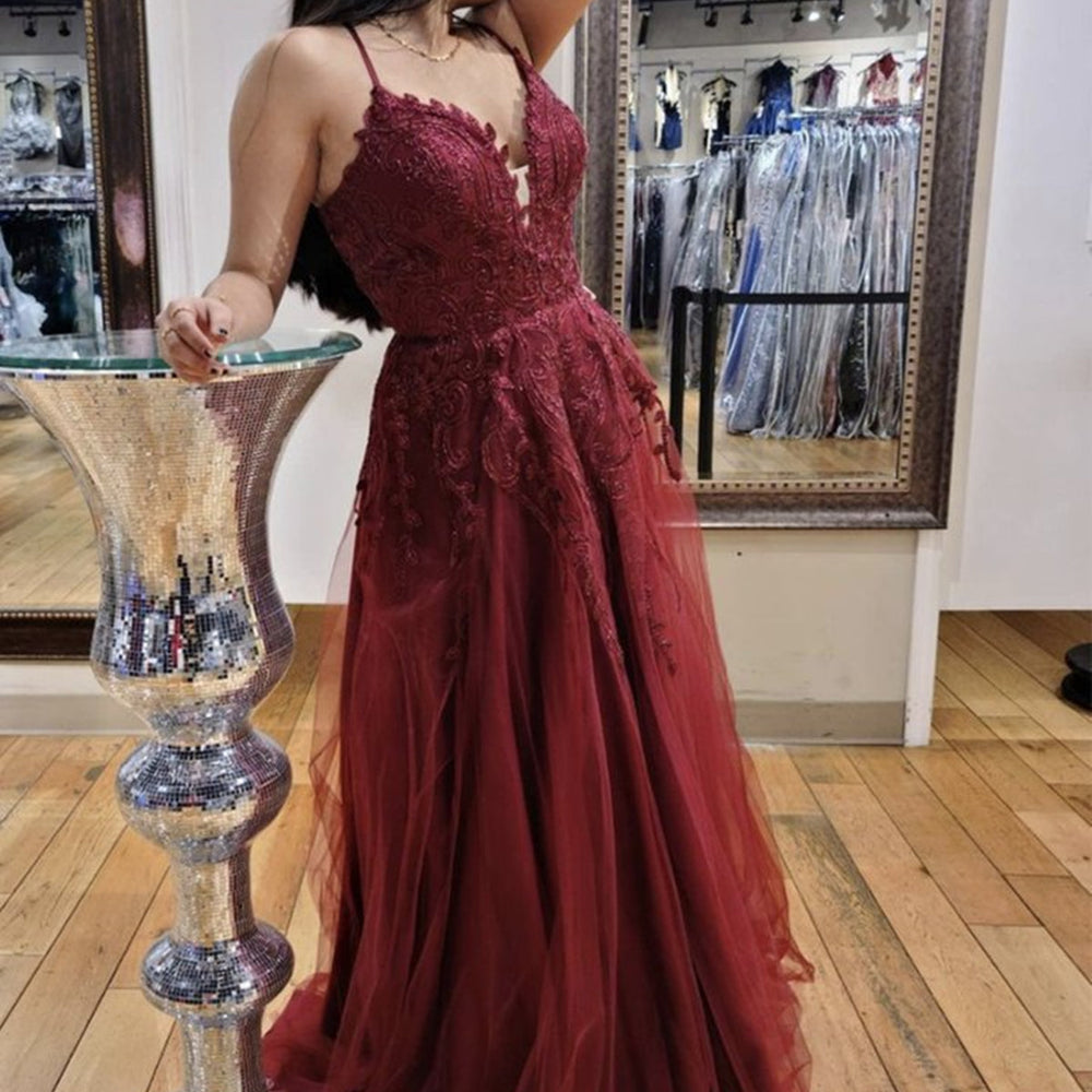 V Neck Backless Burgundy Lace Long Prom Dresses, Long Wine Red Lace Formal Evening Dresses