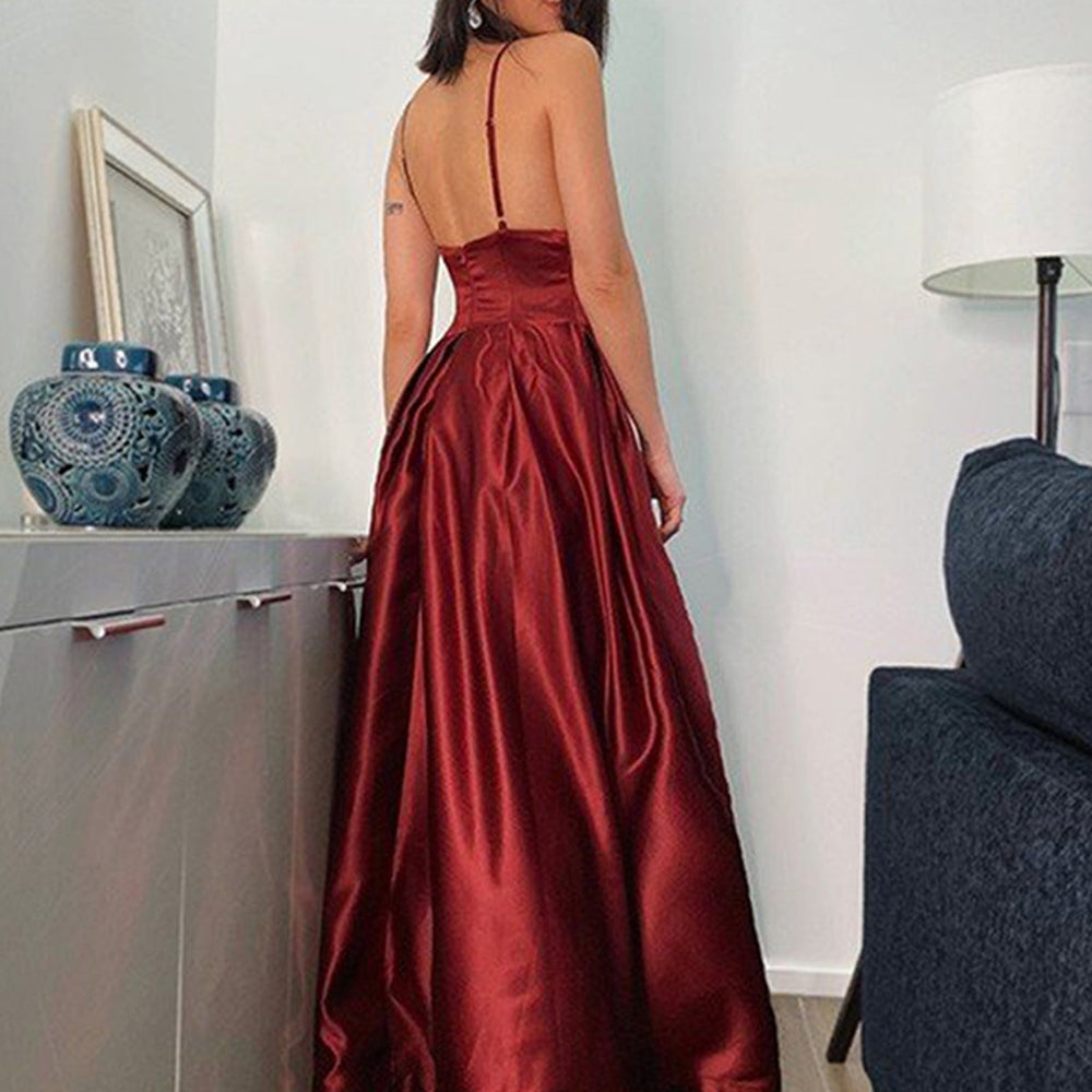 
                      
                        V Neck Backless Burgundy Satin Long Prom Dresses with High Slit, Backless Burgundy Formal Dresses, Burgundy Evening Dresses 
                      
                    